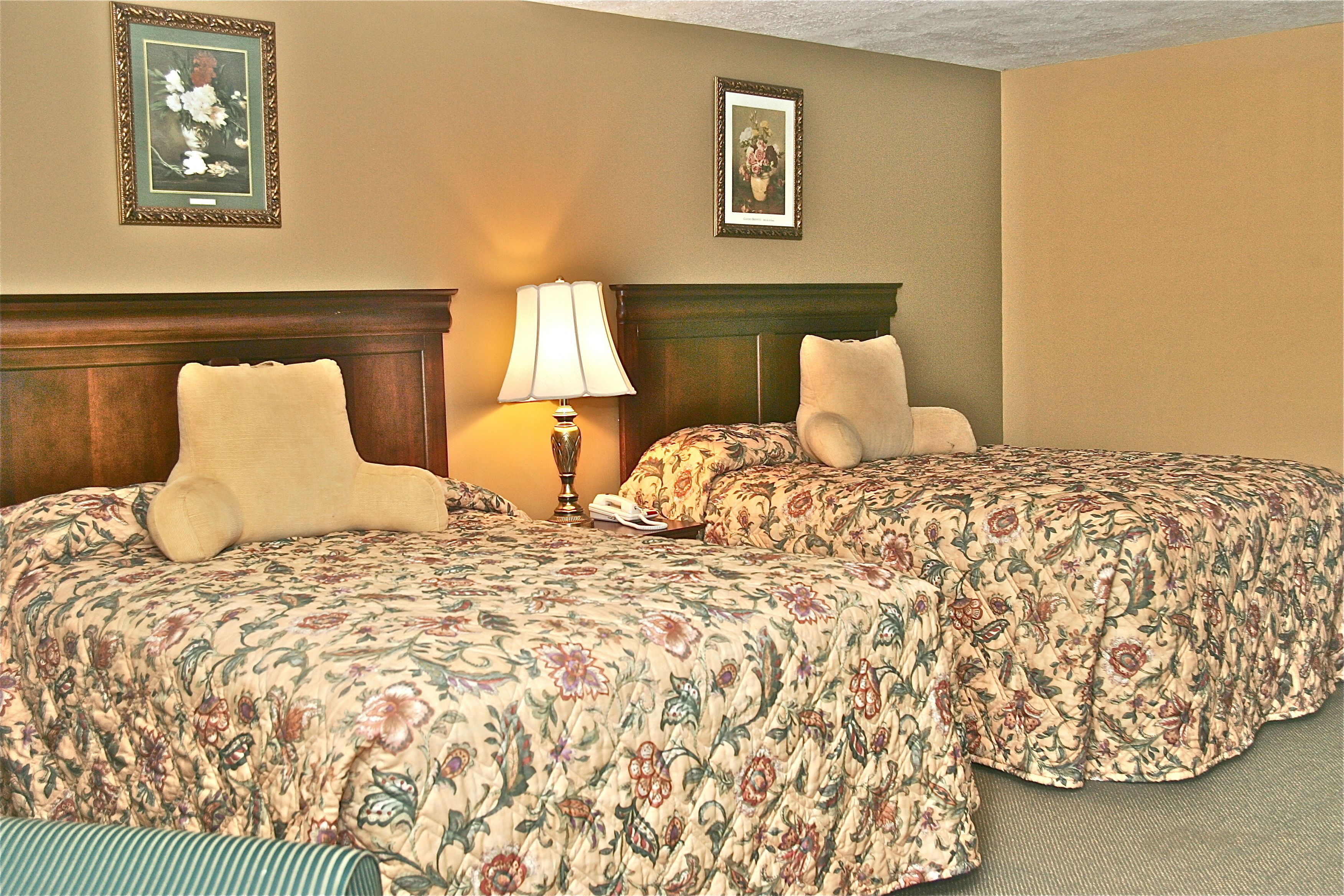 A hotel room with two beds, a nightstand, a lamp, and two framed floral pictures on the wall.