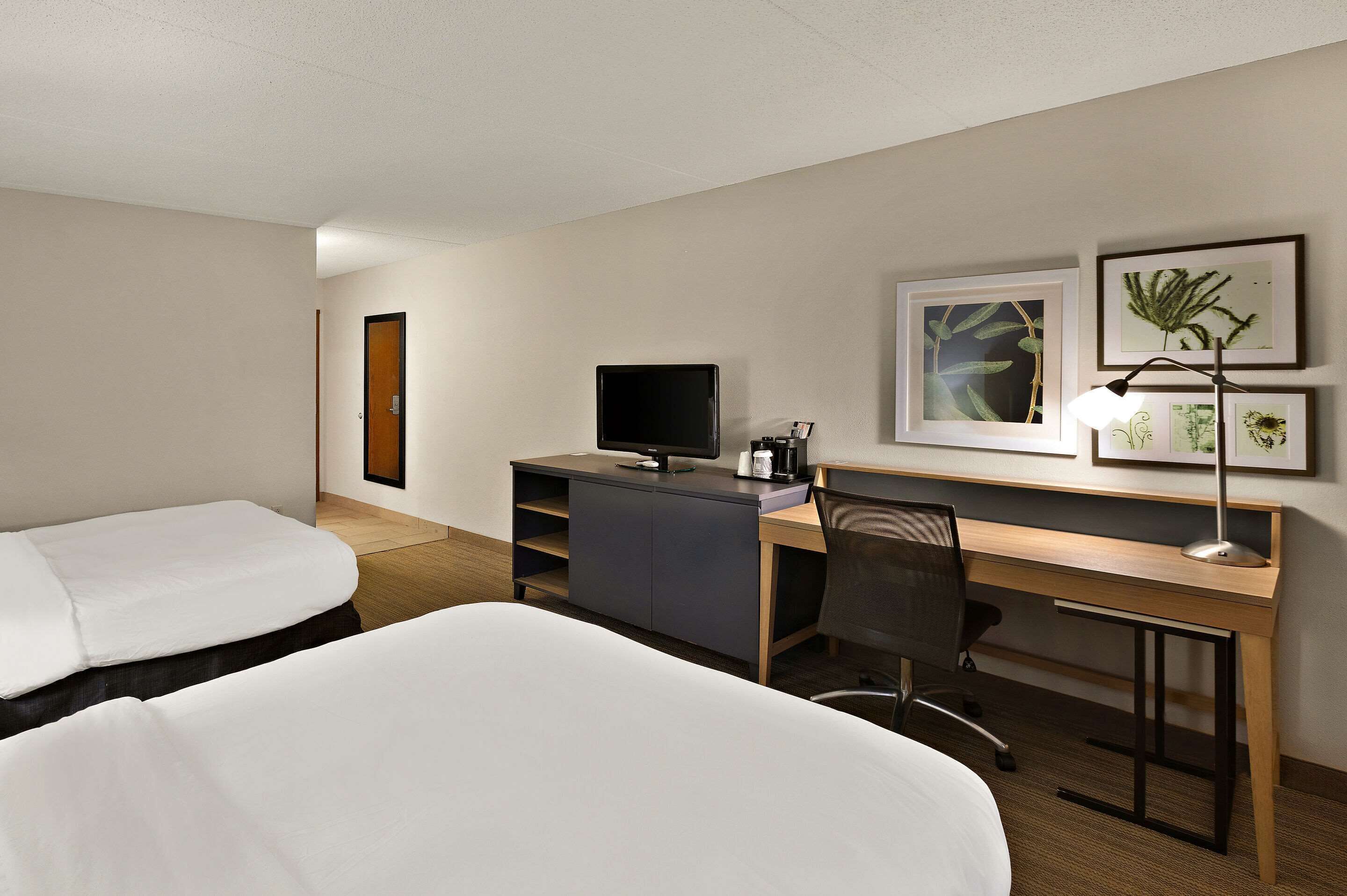 Hotelkamer met twee bedden, een bureau met een computer, een stoel, een televisie en botanische kunstwerken in een lijst op de muur.