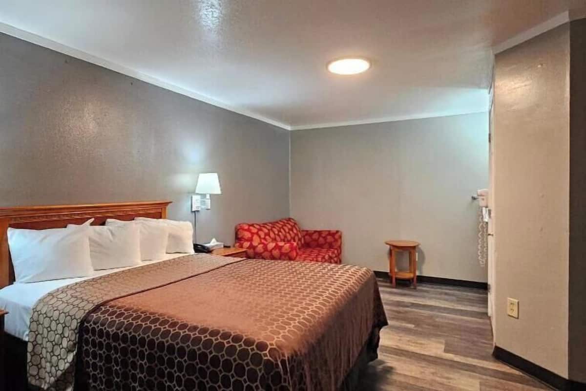 Una habitación de hotel con una cama, un sofá rojo estampado, un taburete de madera pequeño y un teléfono.