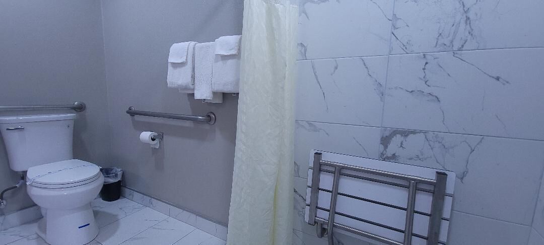 Un baño con inodoro, toallero y cortina de ducha.
