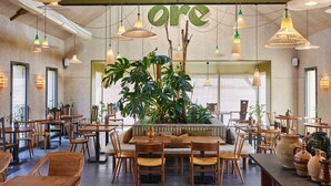 Un restaurante con mesas y sillas de madera, lámparas de mimbre colgantes y una planta de gran tamaño en el interior.