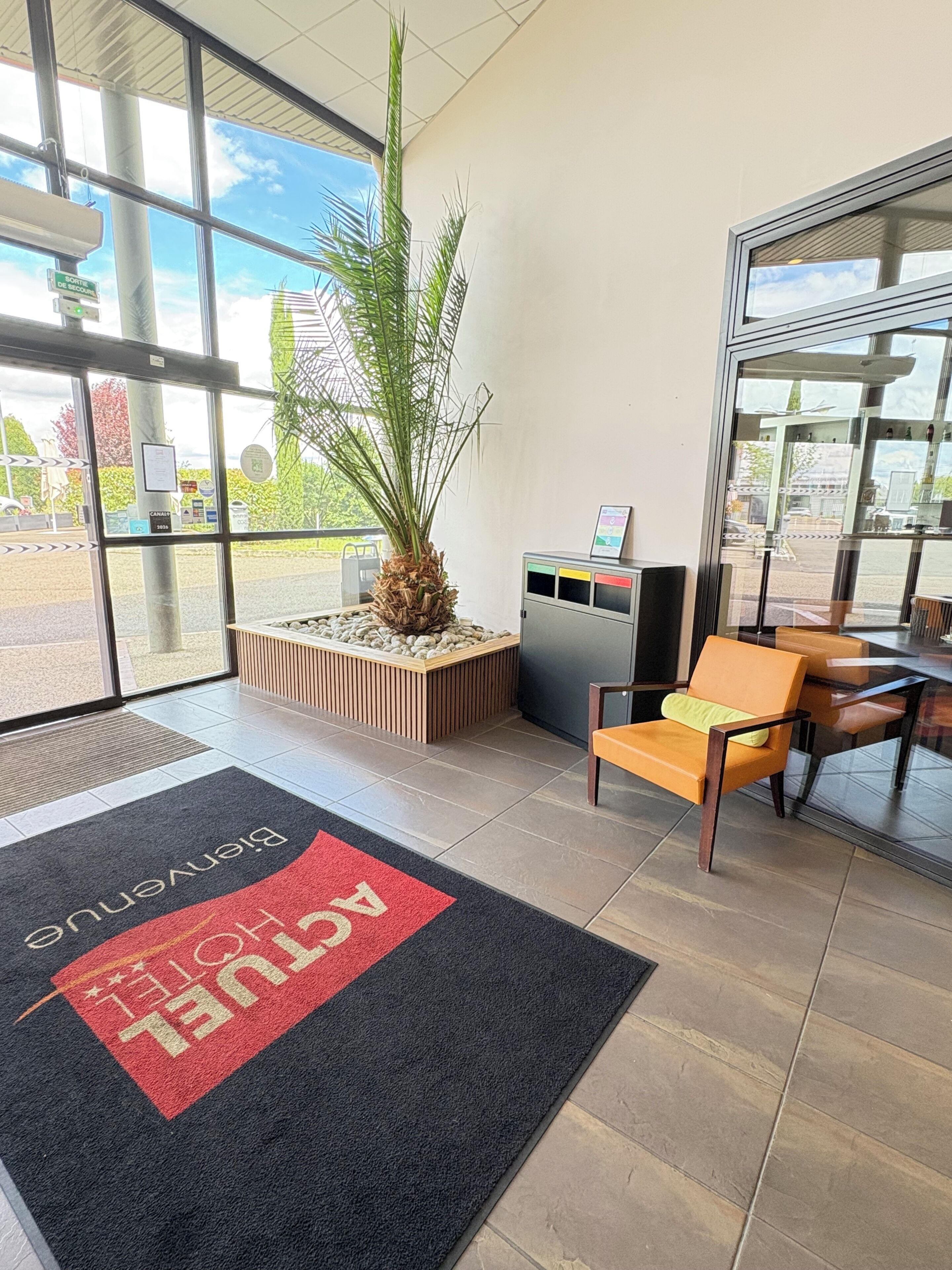 A reception area with a palm plant, a wooden bench, a glass door, and a sign indicating 'Entrance.'