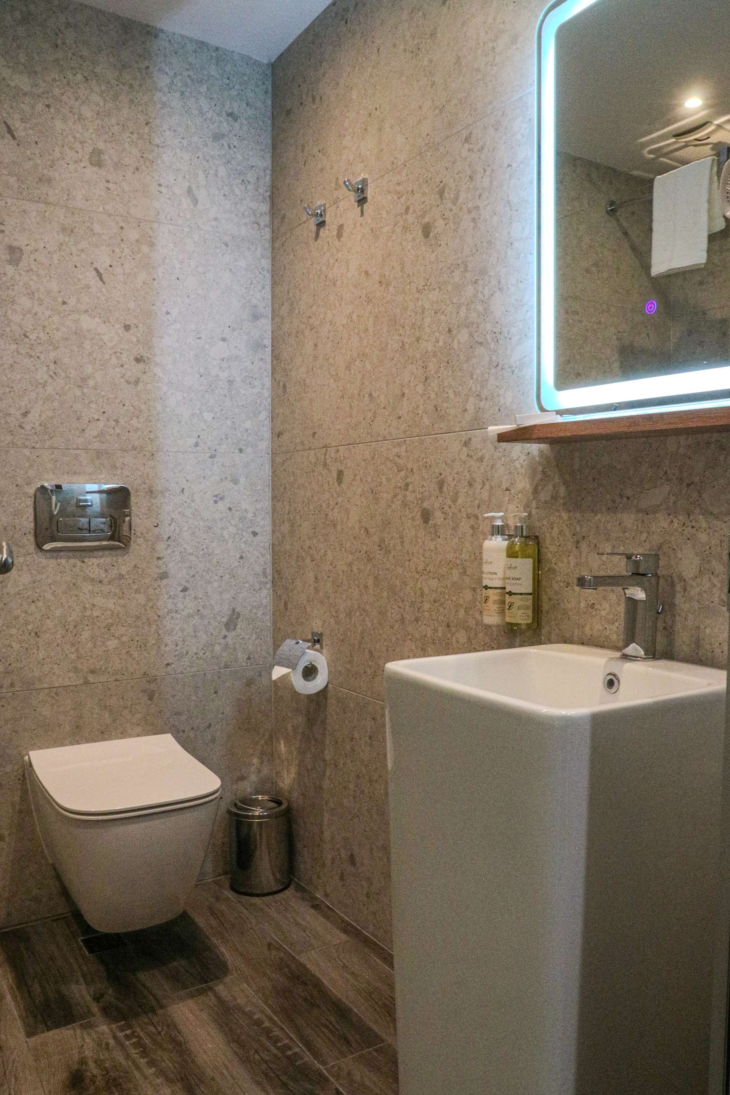 Un baño con inodoro, lavamanos y espejo.