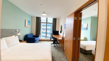 In-room safe, desk, laptop workspace, blackout curtains