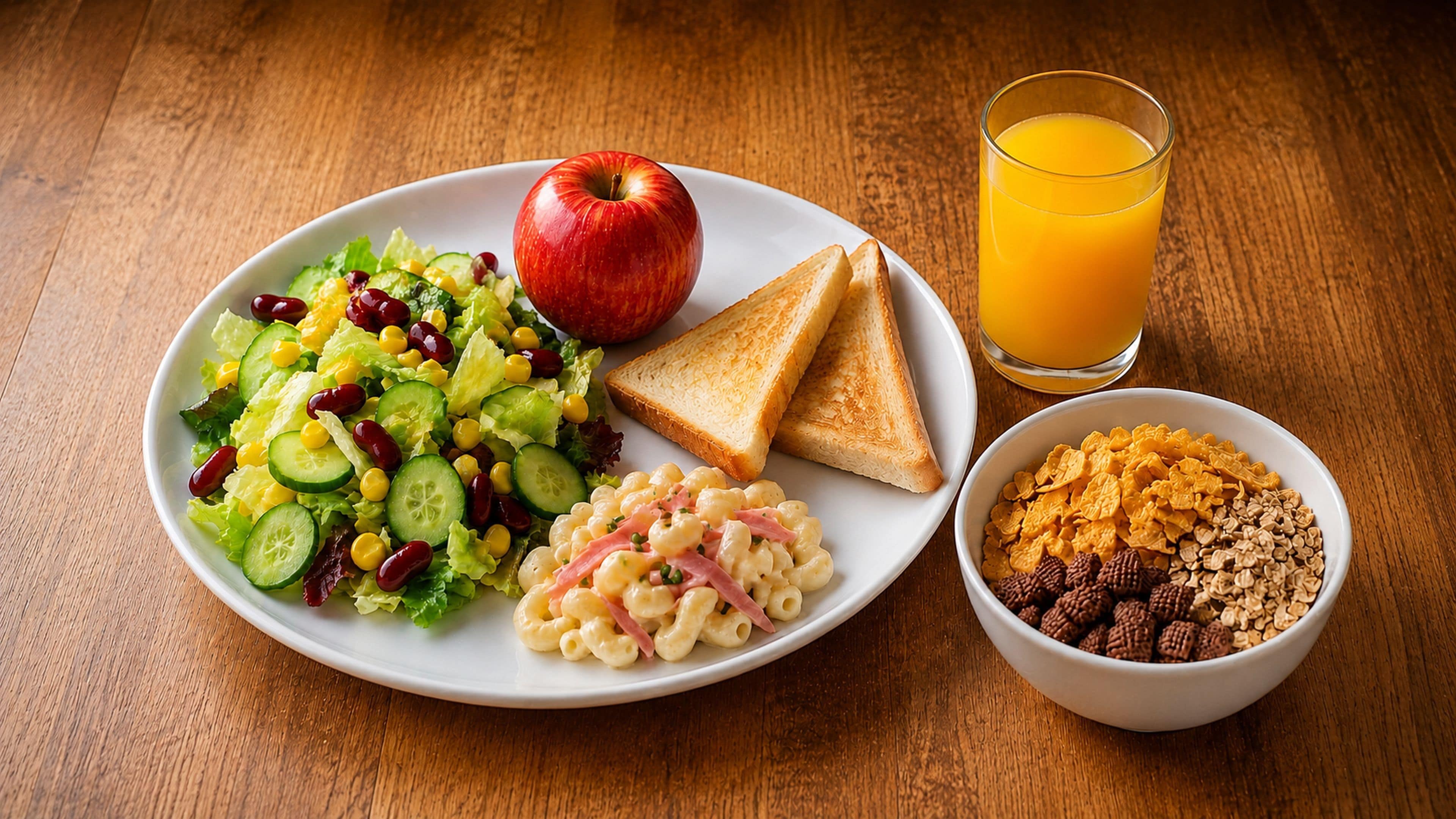 A plate with a salad, apple, macaroni, toast, and a glass of orange juice.