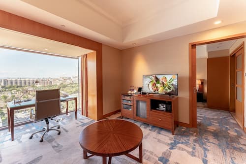 Deluxe Suite | Living area | 34-inch TV with satellite channels