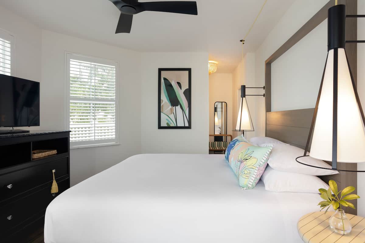 Habitación de hotel con una cama grande, ventilador de techo, televisión, ventana con persianas, un cuadro enmarcado, lámpara de noche y una pequeña mesa con un florero.