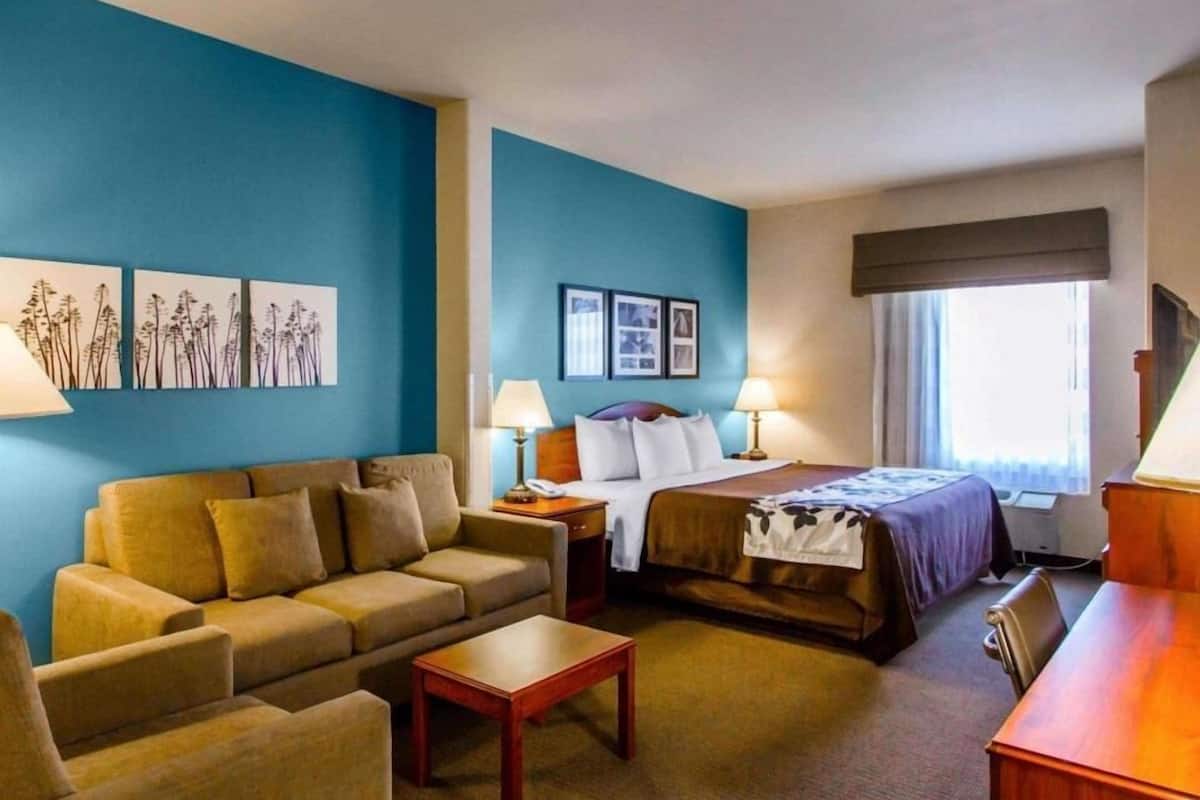 A hotel room with a bed, a sofa, a small table, and a desk. There are wall art pieces and a window with curtains.