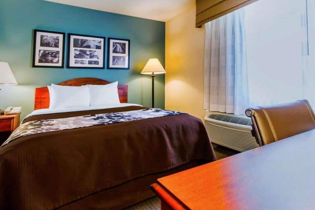 A hotel room with a bed, a desk, a lamp, air conditioning, and framed pictures on the wall.