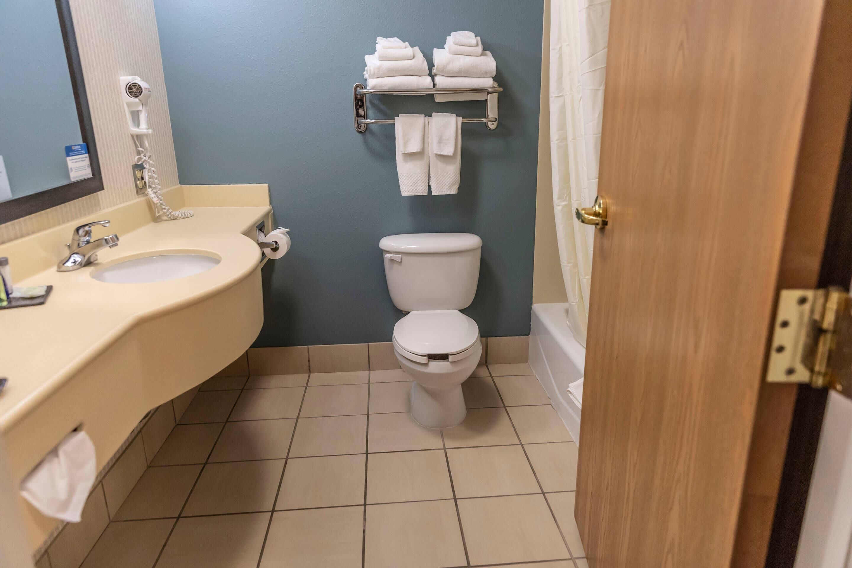 A bathroom with a sink, toilet, and towel rack.
