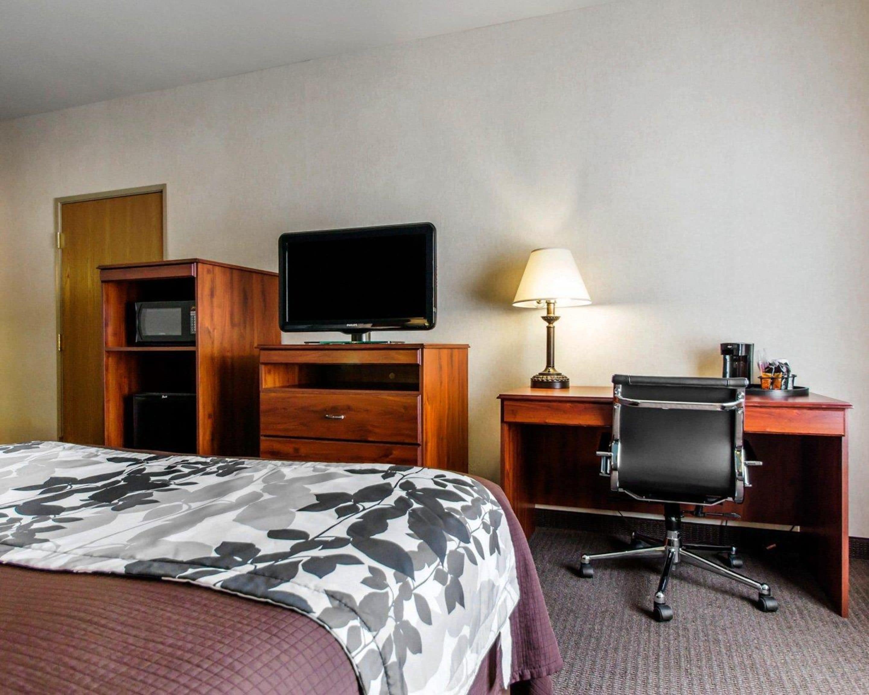 A hotel room with a bed, a desk with a chair, a television, a lamp, and a microwave.