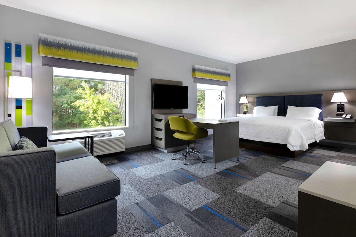 A hotel room with a bed, a desk with a chair, a television, and large windows offering a view of trees.