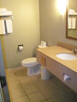 Un baño de hotel estándar con inodoro, lavabo y espejo.