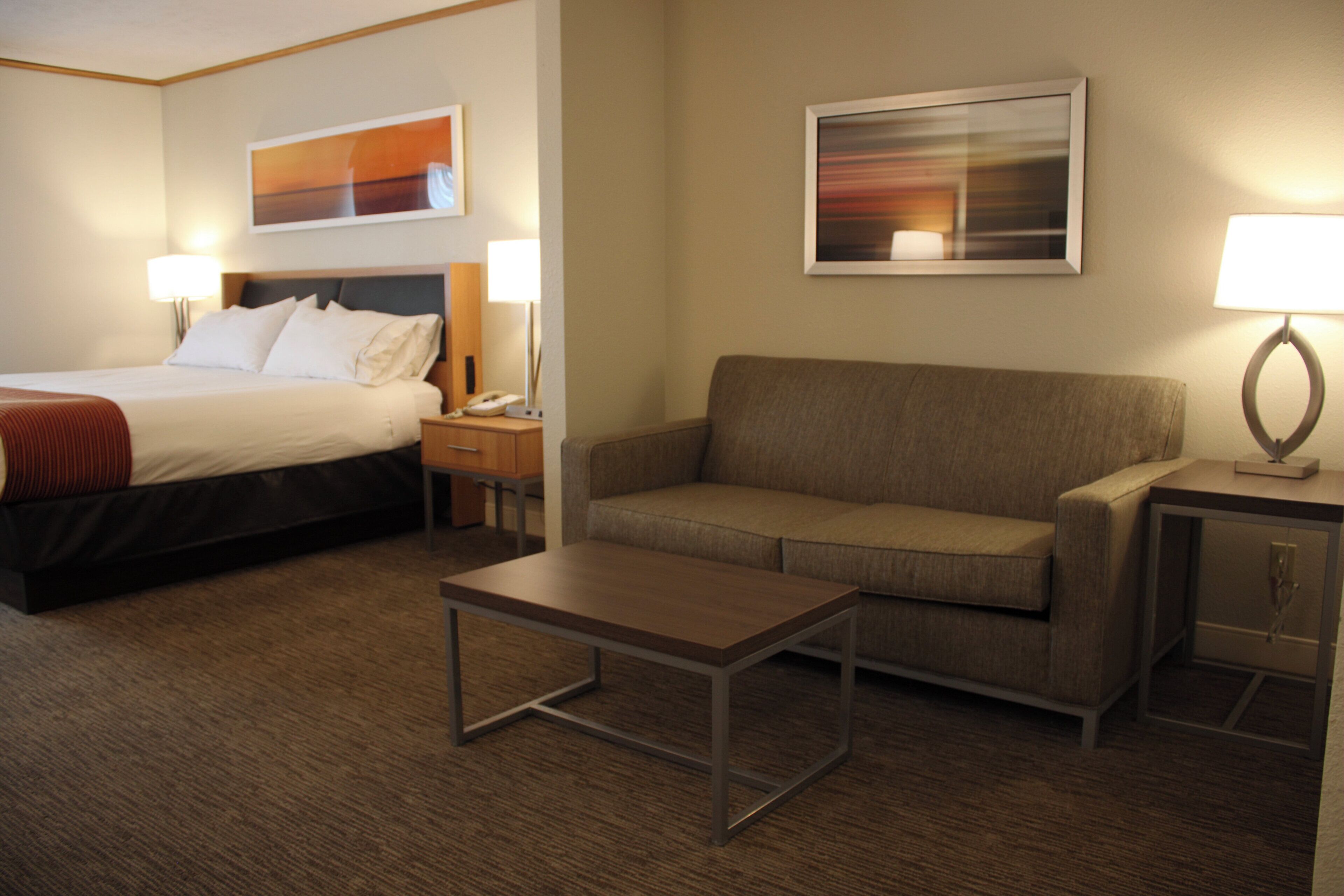 Una habitación de hotel con una cama, un sofá, una mesa de centro y un escritorio con lámpara.