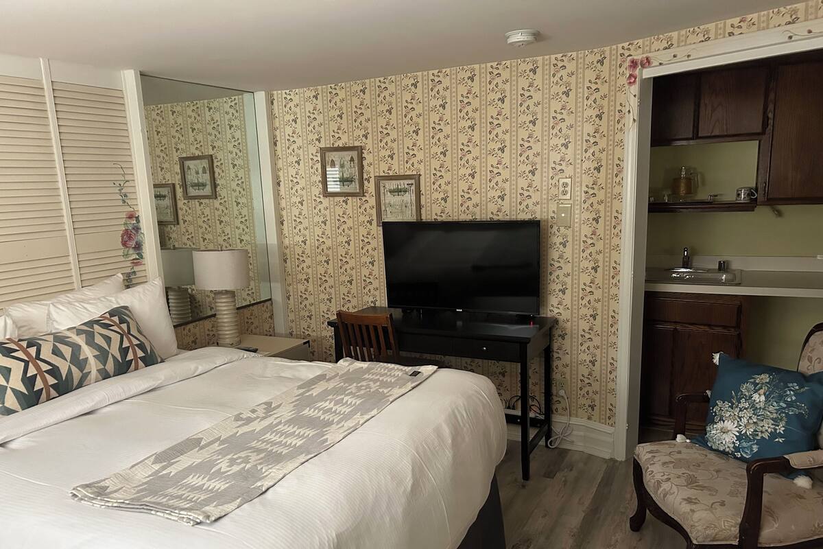 A hotel room with a bed, a desk, a television, and a small kitchenette.