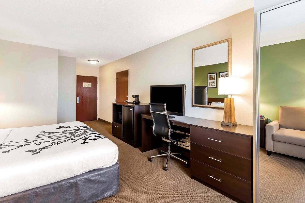 A hotel room with a bed, a desk with a computer, a chair, a television, a mirror, and a sofa.