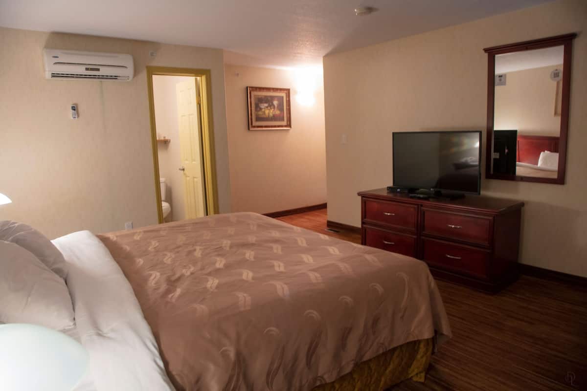 Quarto de hotel com cama, televisão, penteadeira e ar condicionado.