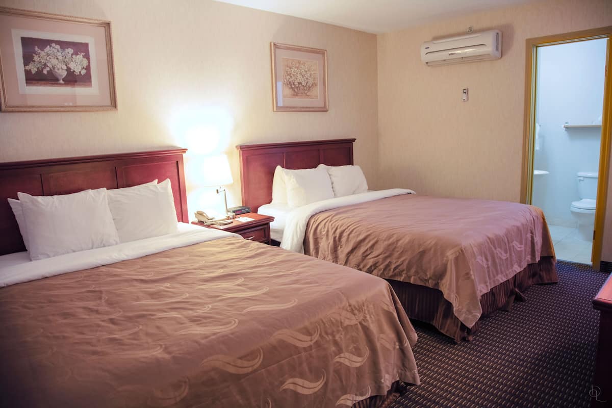 Quarto de hotel com duas camas, uma mesa de cabeceira, um abajur e um quadro na parede.