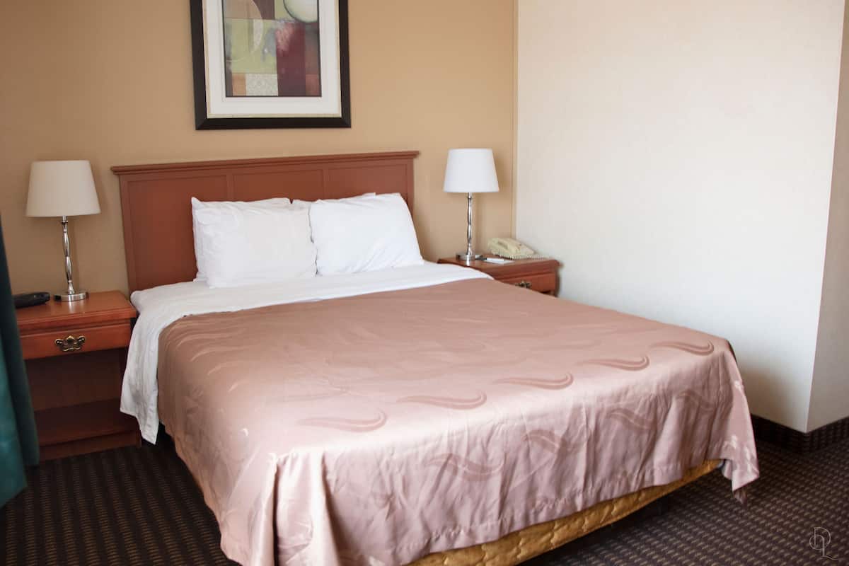 Quarto de hotel com uma cama grande, duas mesinhas de cabeceira, um criado-mudo, uma luminária, um telefone e um quadro na parede.