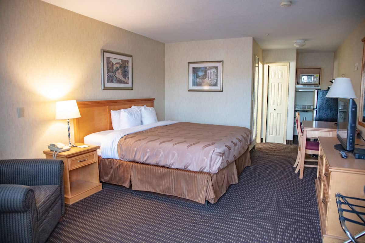 Quarto de hotel com uma cama grande, uma escrivaninha, uma cadeira, um abajur, um telefone e um micro-ondas.