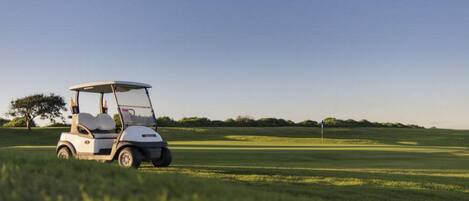 A golf cart on a green field with a flag in the distance.