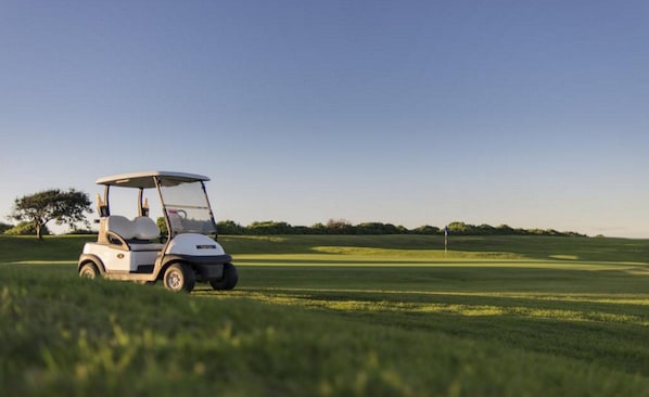 A golf cart on a green field with a flag in the distance.