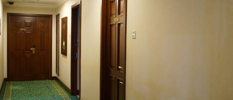 Un pasillo con puertas de madera, alfombra estampada verde y pared de color claro.