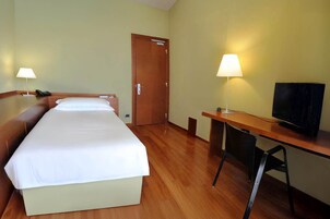 Habitación individual económica | Edredones de plumas, minibar, caja fuerte y escritorio