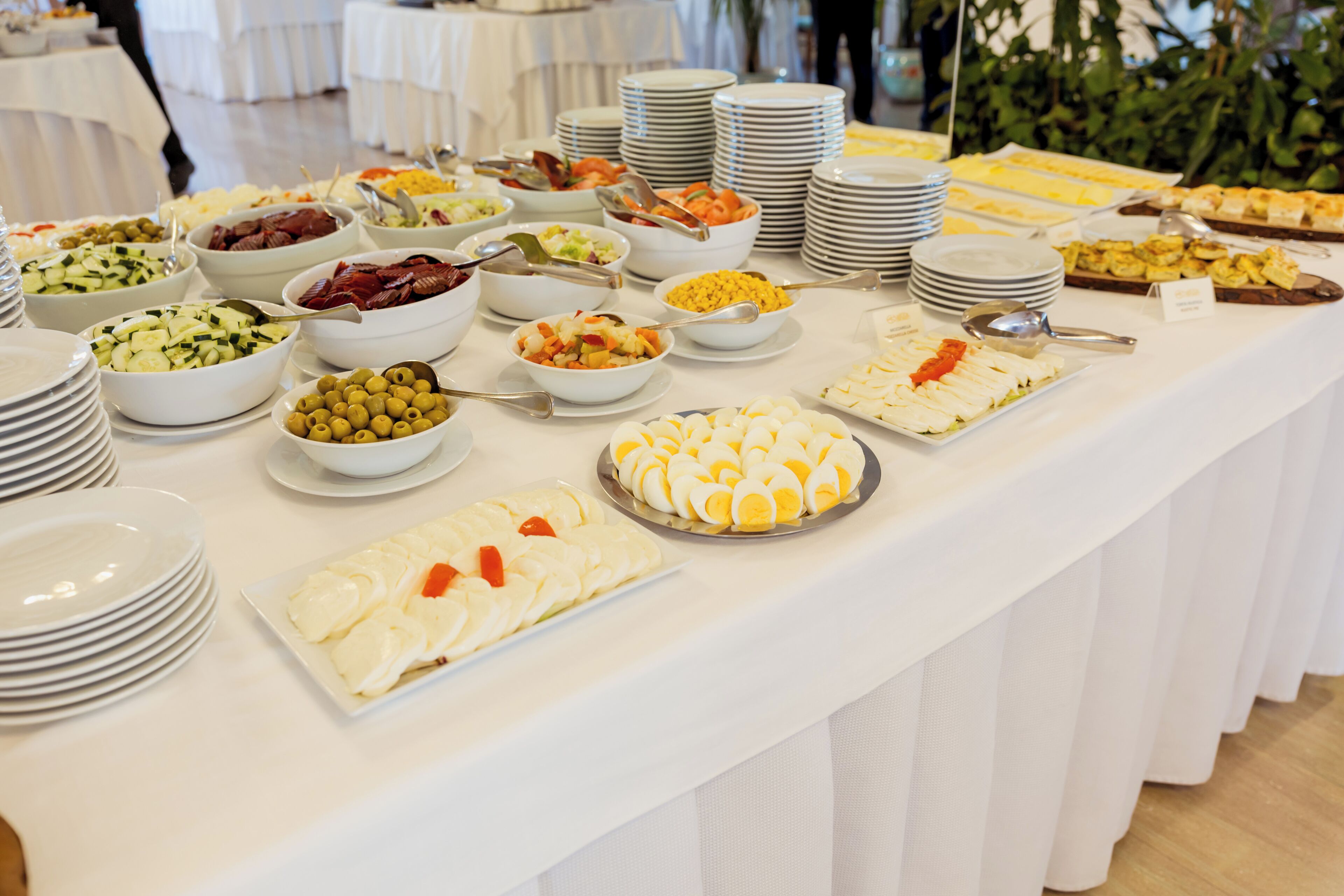 Ein reichhaltiges Buffet mit verschiedenen Speisen und gestapelten Tellern.