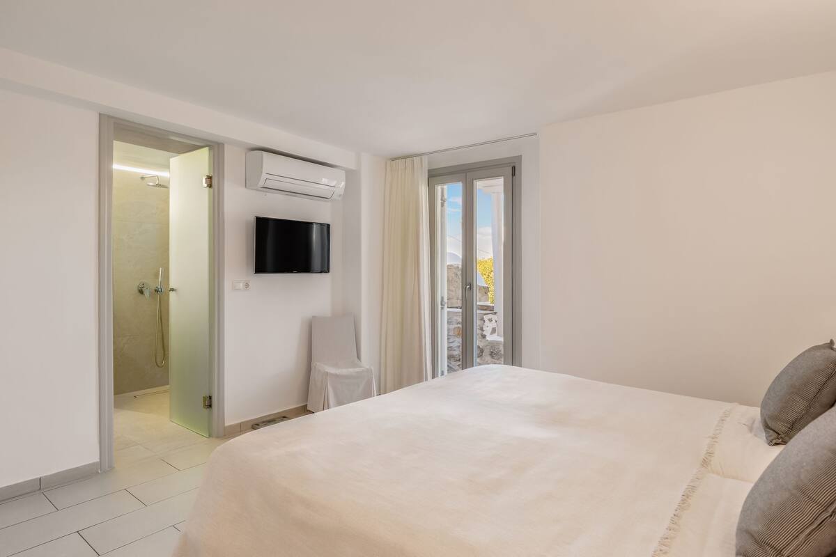 A hotel room with a bed, a TV, an air conditioning unit, a shower, and a balcony with a view.