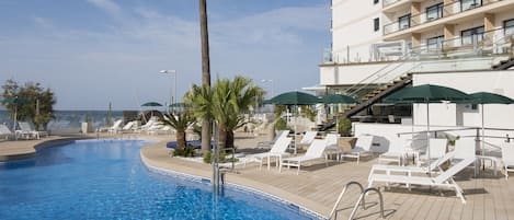 Outdoor pool, open 10:00 AM to 6:00 PM, pool umbrellas, sun loungers
