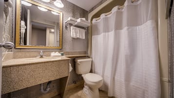 Un bany amb un lavabo de superfície de granit, un vàter blanc, un mirall amb il·luminació i un tendal de bany.