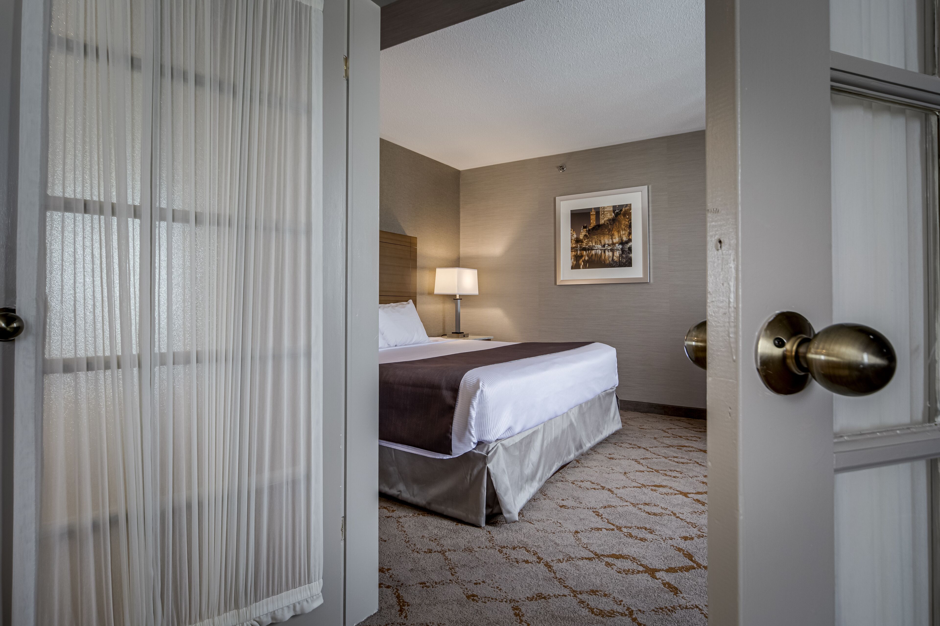 Una habitación de hotel con cama, lámpara de noche, cuadro en la pared y alfombra estampada.