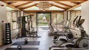A gym with cardio machines, free weights, and a view of greenery. - Phāea Cretan Malia, a Member of Design Hotels (Hersonissos)