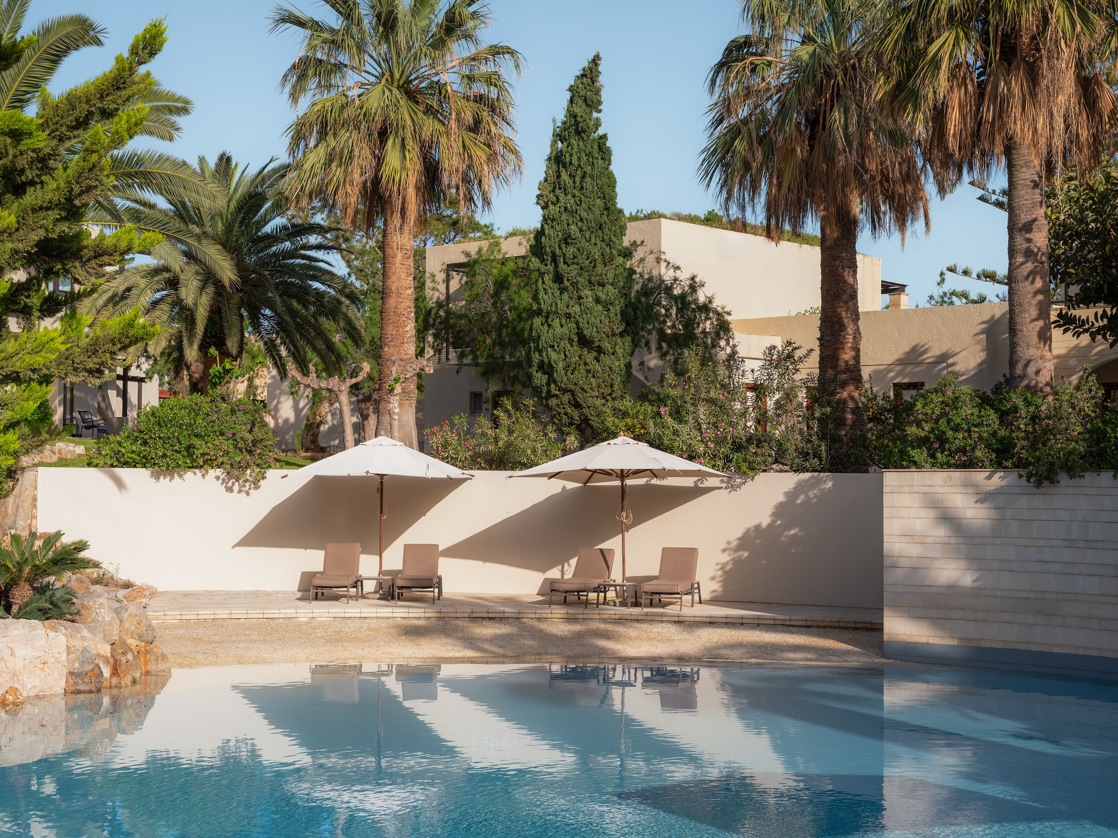 A swimming pool with lounge chairs and umbrellas, surrounded by palm trees and a building.
