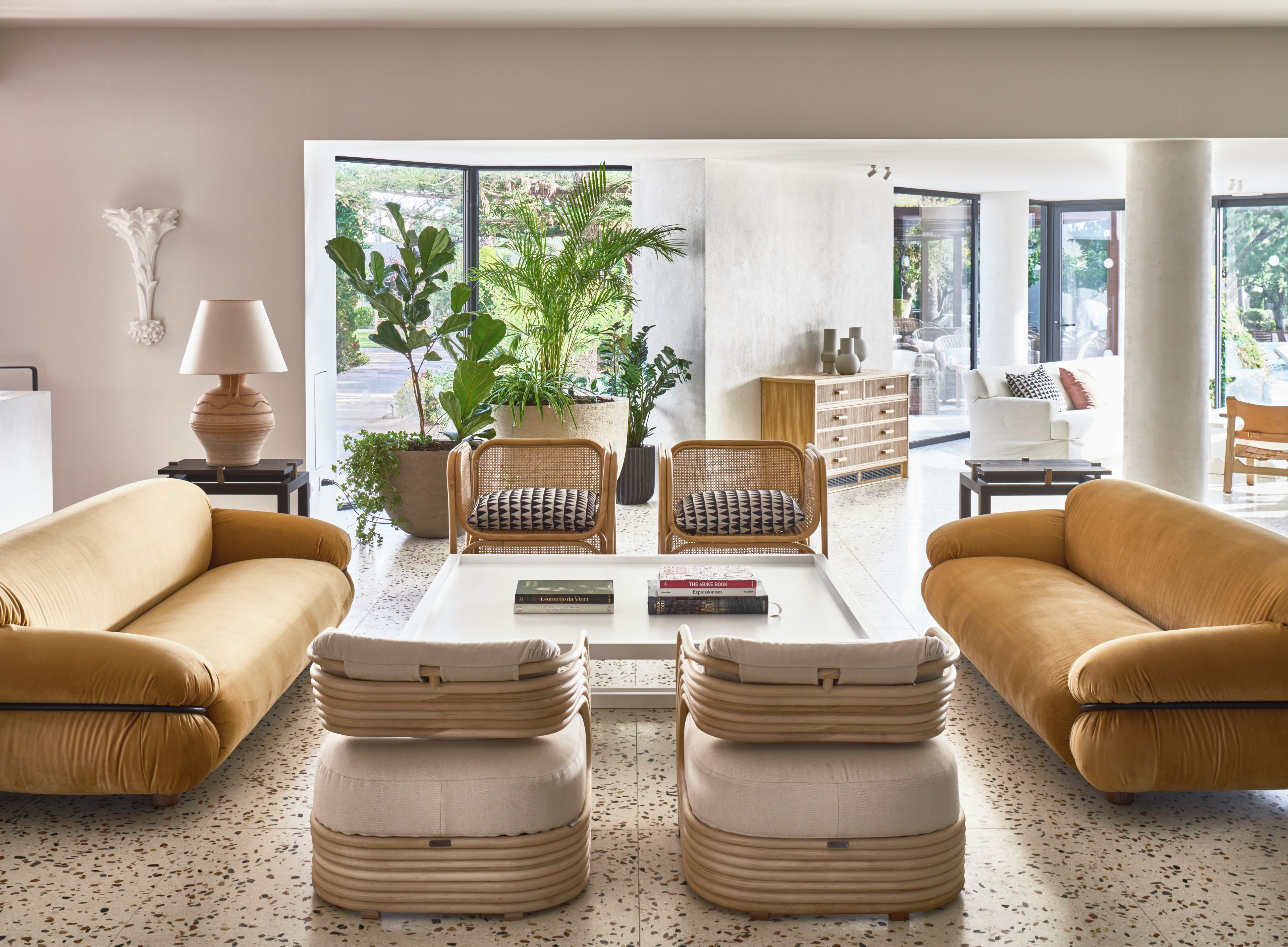 Un salon moderne avec un ensemble de canapés, une table basse et une grande plante.