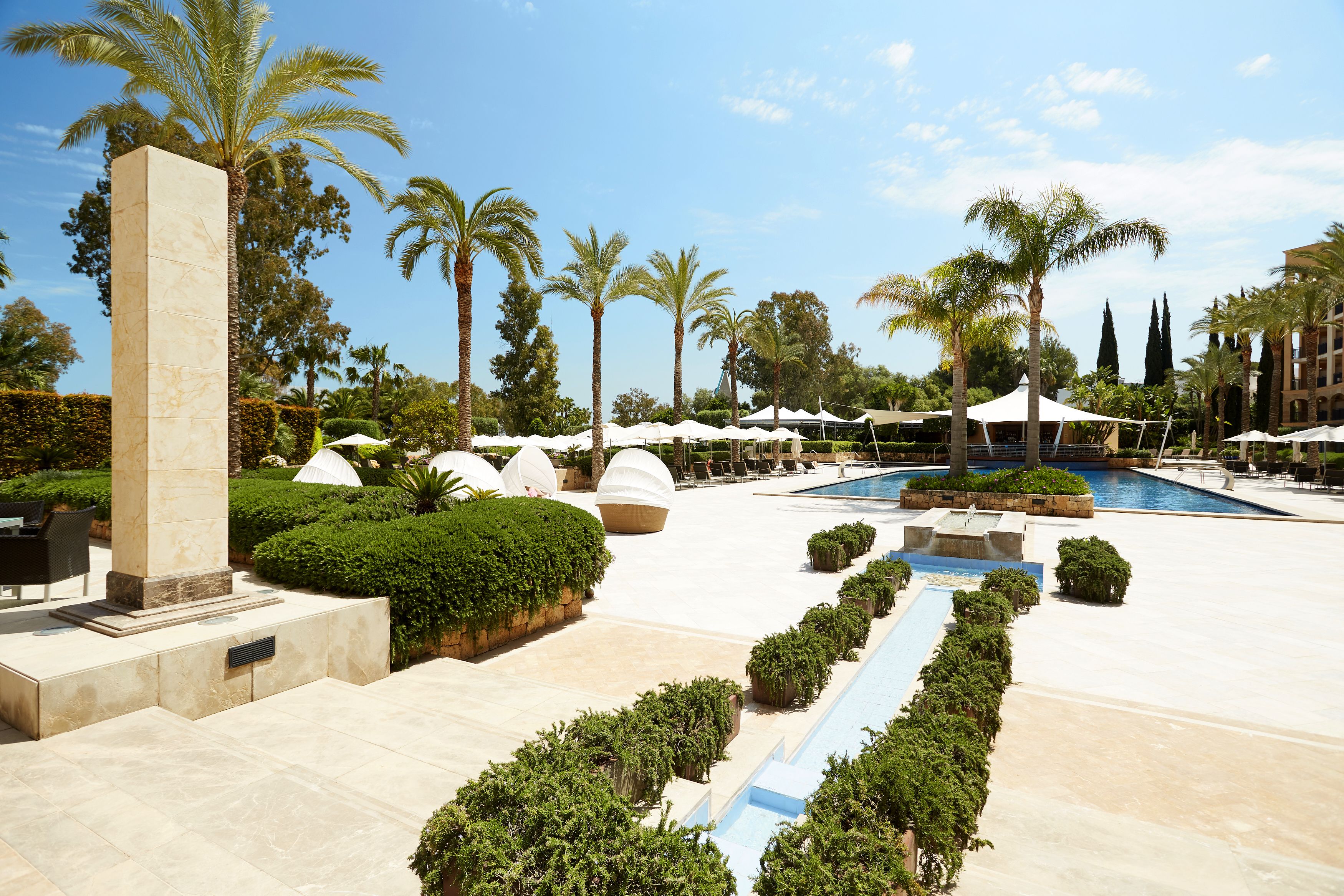 A resort pool area with palm trees, lounge chairs, and a large pool.