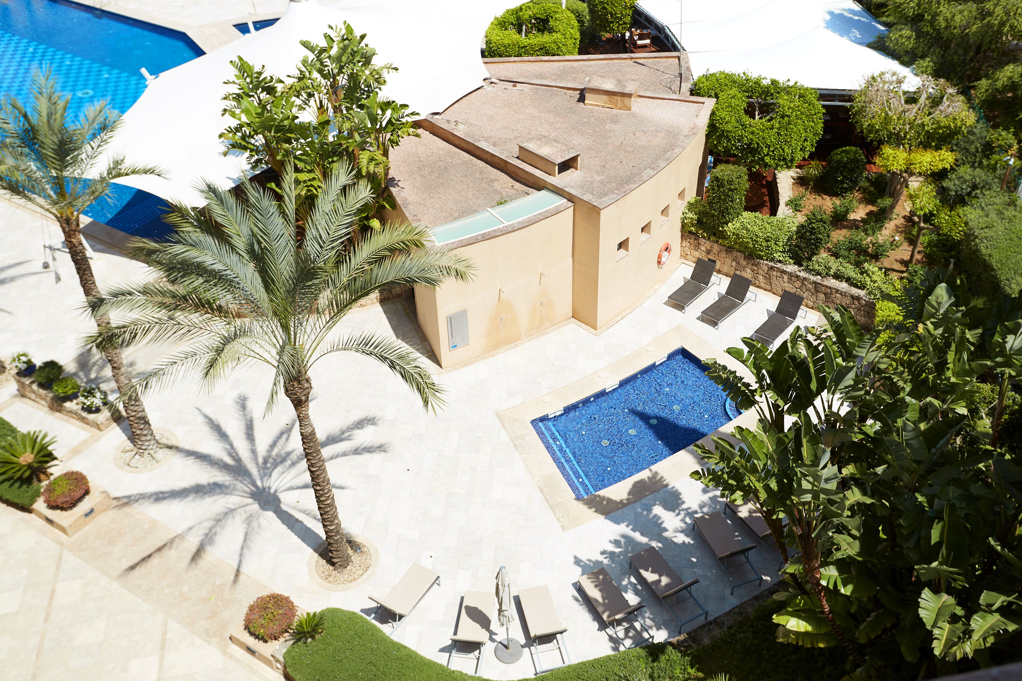 An aerial view of a resort with a swimming pool, lounge chairs, palm trees, and a building with a flat roof.