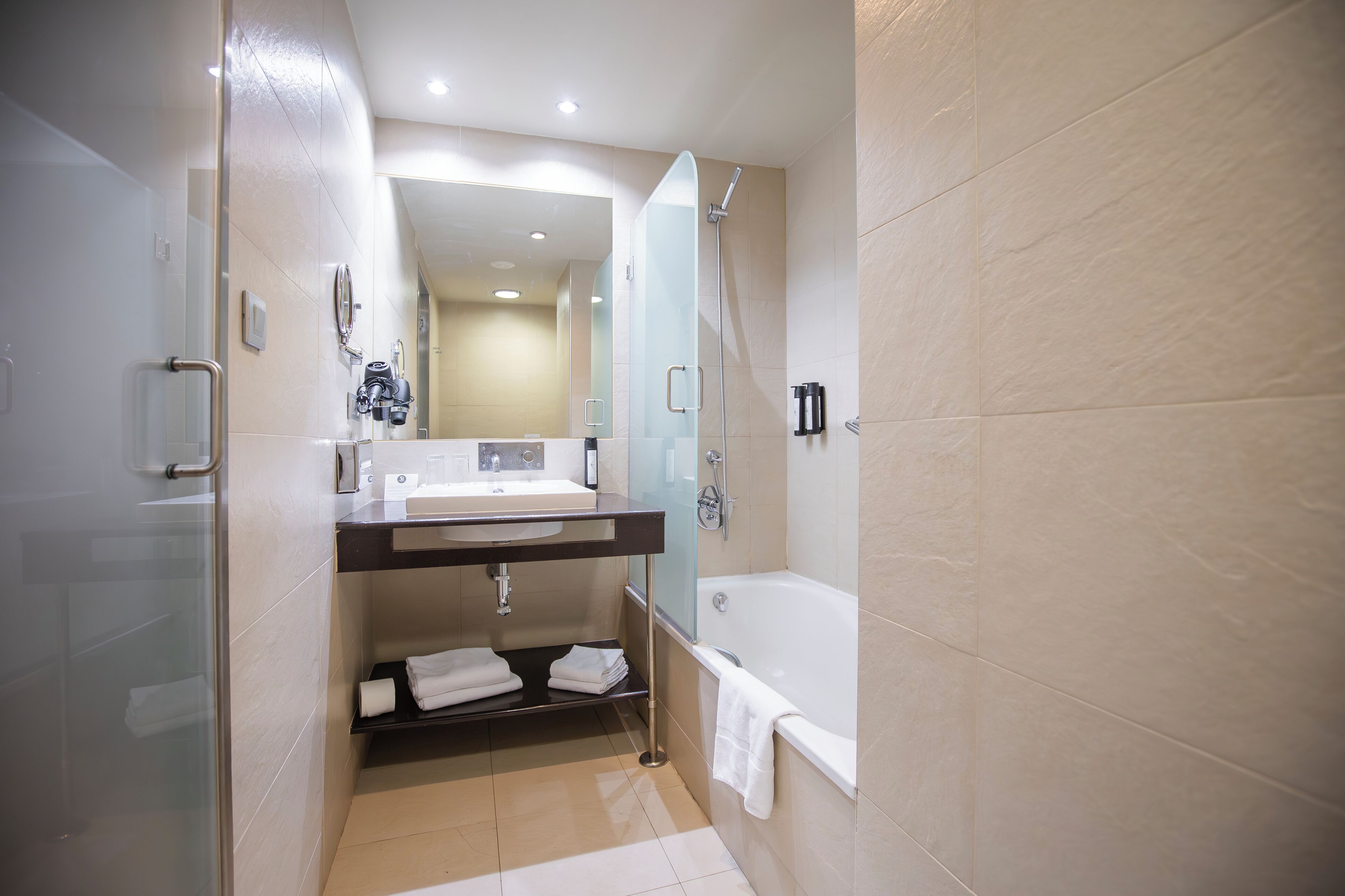 free toiletries, hair dryer, towels