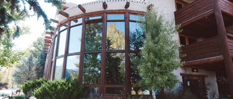 A building with a large circular window, wooden balconies, and a garden with various plants.
