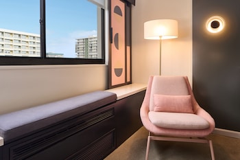 Hotel room view looking out at Hotel Renew