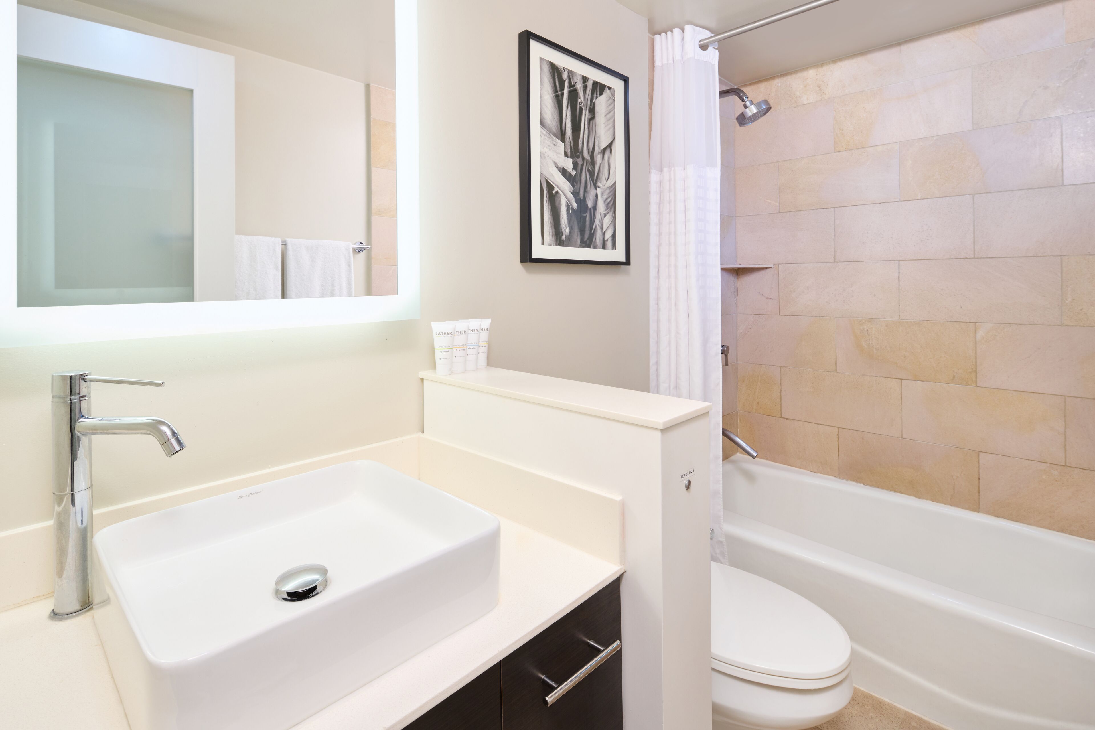 combined shower/bathtub, free toiletries, hair dryer, bathrobes