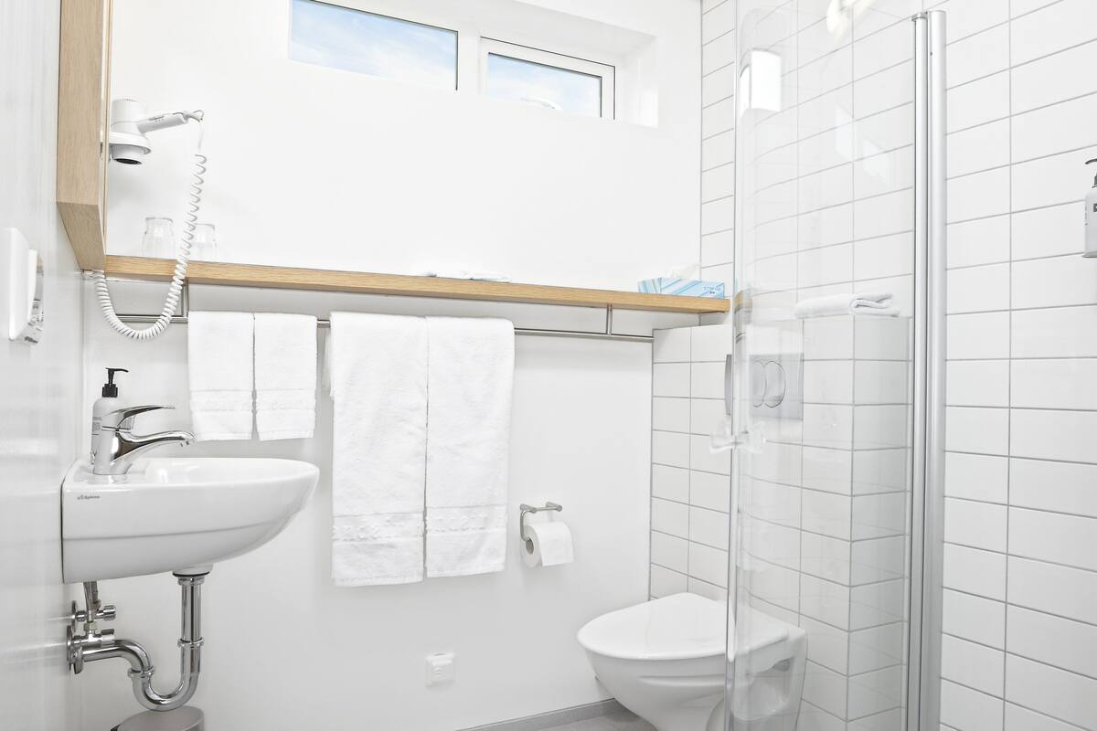 shower, eco-friendly toiletries, hair dryer, towels