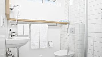 A modern bathroom with a glass-enclosed shower, a sink with a mirror, and a toilet.