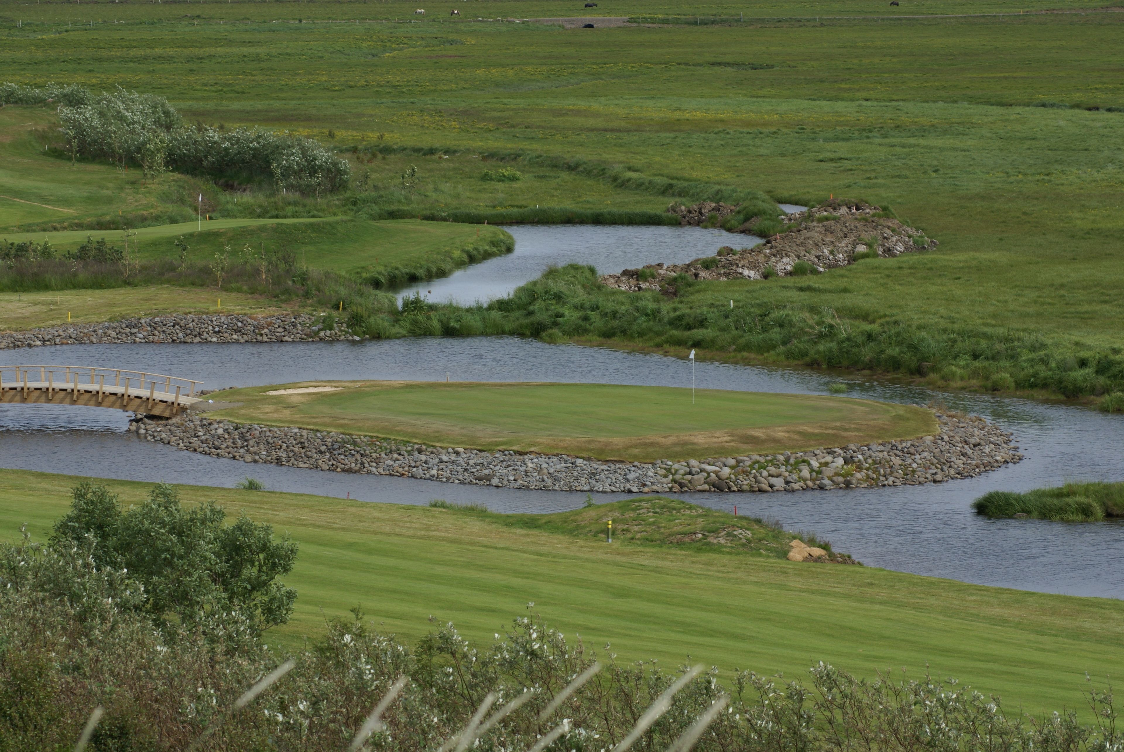 A golf course with a water hazard, a bridge, and a flag marking the hole.