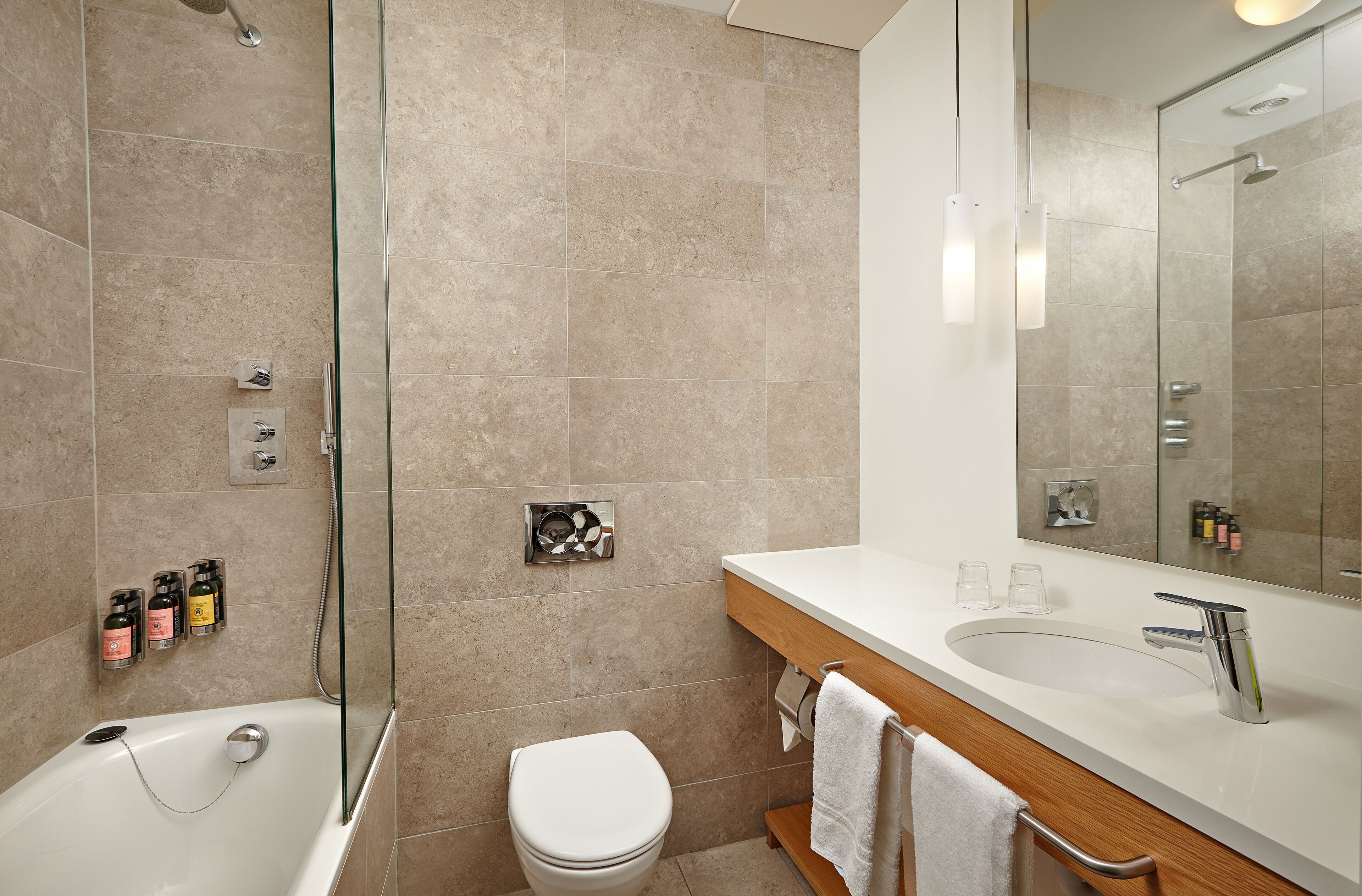 hair dryer, towels, soap, shampoo