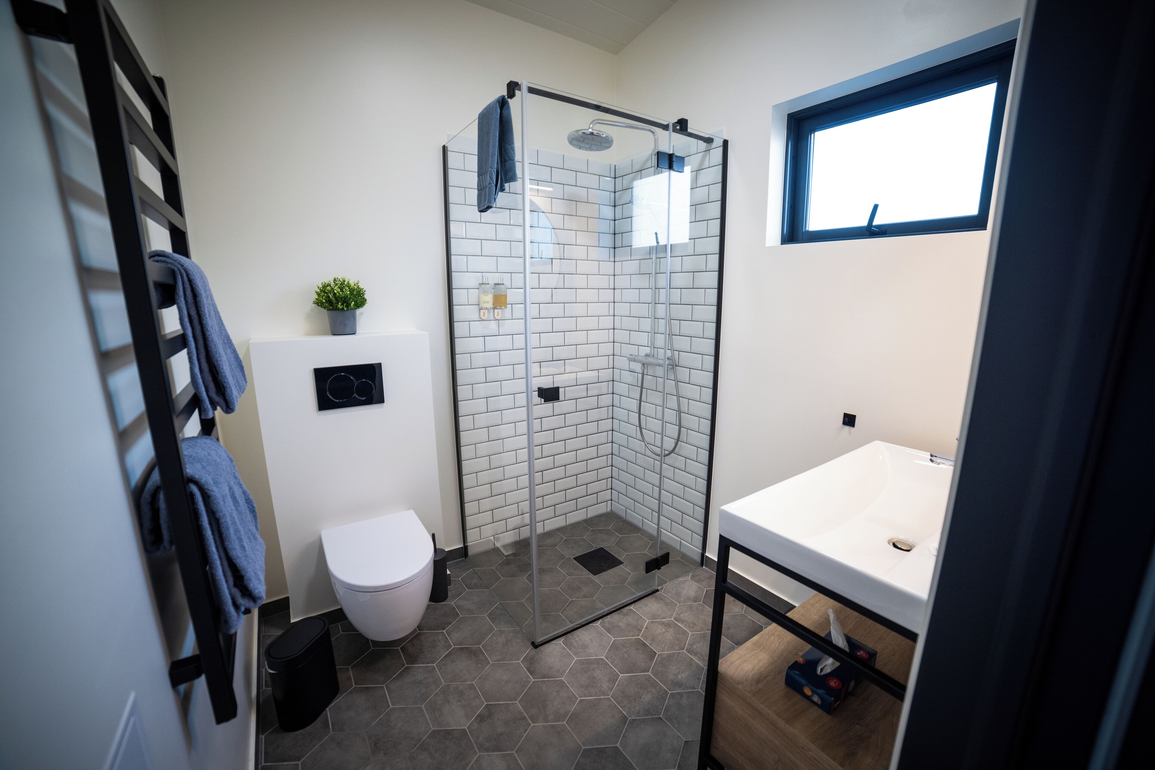 Ein modernes Badezimmer mit einer Duschkabine aus Glas, einem weißen Waschbecken und einem kleinen Topfpflanzen.