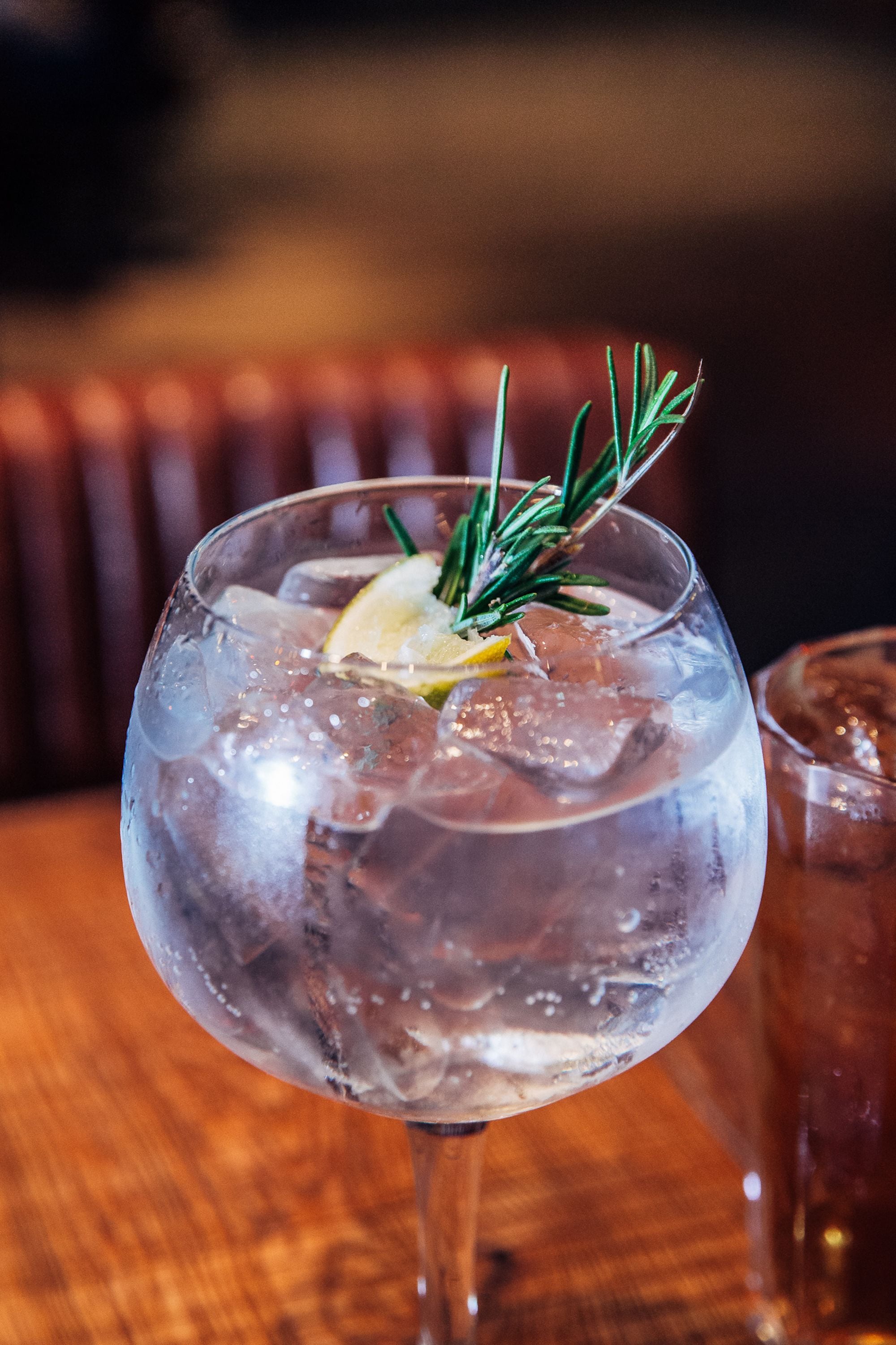 A glass of iced drink with a lemon slice and rosemary garnish.