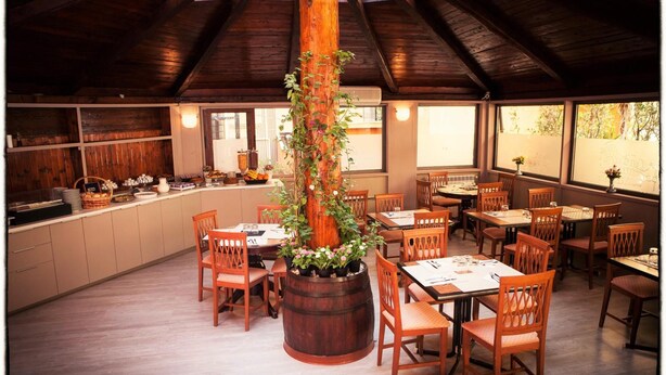 A rustic restaurant with wooden furniture, a central wooden barrel planter with flowers, and a wooden ceiling. - D'este (Rome)