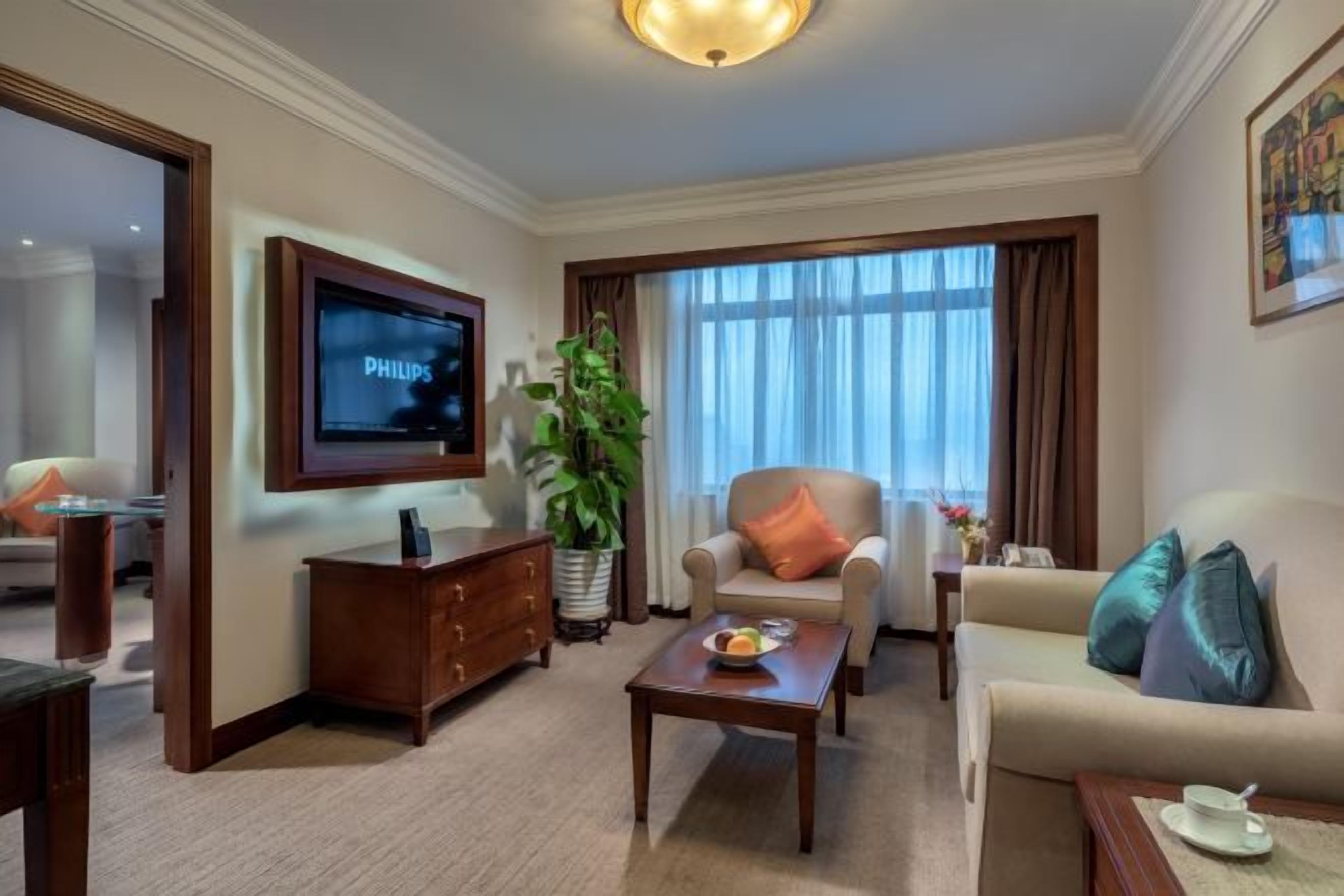 A hotel room with a flat-screen TV, a potted plant, a sofa, a coffee table, and a window with curtains.